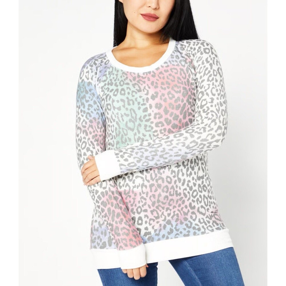 Chaser Round Neck Pullover Animal Print Sweatshirt White Pastel Combo Sz 2X New